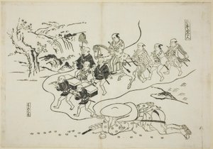 信使关丹梦见自己是大名》（Hikyaku Kantan: yume no daimyo），12 幅模仿戏剧的版画系列中的第 8 幅。 作者 奥村昌信