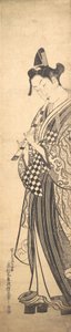 年轻人在高格塔上向左走，边走边吹笛子，约......，约1745年。 作者 奥村昌信