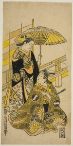 1723 年 11 月在中村剧场上演的话剧《本能太平记》中饰演草木正仓的演员市川门之助一世和饰演大雪的岚若野 作者 奥村俊信