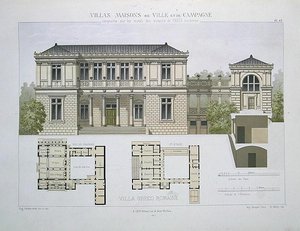 希腊罗马别墅，由沃尔特雕刻，板块49来自 "Villas, Maisons de Ville et de Campagne"，巴黎出版（彩色平印）。 作者 橄榄（后）