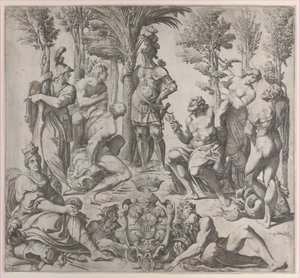 寓言式的构图，六个奥林匹斯神聚集在一个穿着盔甲的人物周围，1615-35。 作者 奥利维罗·加蒂