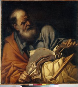 圣托马斯，使徒。(圣托马斯使徒）。Orazio Borgianni（1578-1616 年）的画作，布面油画，意大利艺术（罗马）