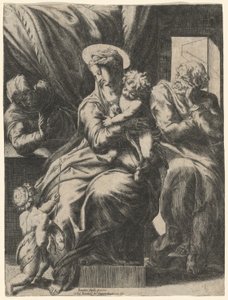 圣家族与圣伊丽莎白和年轻的施洗者约翰在一起 作者 Orazio de Santis，根据 Pompeo Cesura