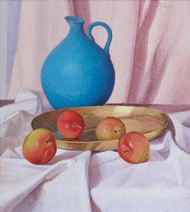 有苹果和壶的构图，约 1940-41 年（纸板油画） 作者 奥斯卡·吉利亚（Oscar Ghiglia）