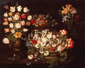 四个花瓶与精选花卉（油画） 作者 比埃特长者奥西亚斯