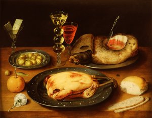 锡镴盘子上的烤鸡、火腿和橄榄（板上油画） 作者 比埃特长者奥西亚斯