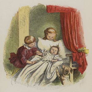 Young boy and girl watching a baby (colour litho) 作者 奥斯卡·普莱奇（Oskar Pletsch）