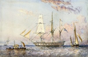 响尾蛇号 "轮船（1822 年）。奥斯瓦尔德-沃尔特-布赖尔利爵士（1817-1894 年）1853 年创作的水彩画。 作者 奥斯瓦尔德·沃尔特斯·布里埃利