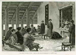 洞金的婚礼仪式。托法尼的版画，为1884年的故事《Trente mois au Tonkin》作插图，由Paul Hocquard博士于1890年在le tour du monde中创作，由Edouard Charton（1807-1890）指导，巴黎Hachette出版社。 作者 奥斯瓦尔多·托法尼（Oswaldo Tofani）