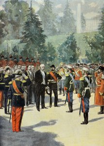 1897 年，费利克斯-福尔在彼得霍夫受到尼古拉斯二世的欢迎（雕刻）