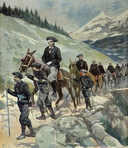 费利克斯-福尔 1897 年在阿尔卑斯山旅行时与阿尔卑斯山猎人在一起（雕刻）