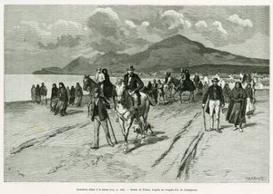 Islanders going to mass. Engraving by Tofani, to illustrate the story Trois mois en Irlande, in 1889, by Marie anne de Bovet, in le tour du monde 1890, directed by Edouard Charton (1807-1890), Hachette, Paris. 作者 奥斯瓦尔多·托法尼（Oswaldo Tofani）