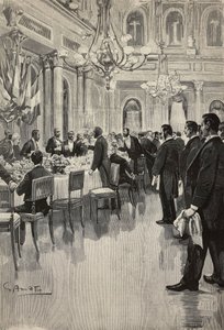 意大利外交官一起敬酒，法国巴黎，根据Gennaro Amato的画作雕刻，根据Osvaldo Tofani的草图雕刻，出自《意大利画报》，19年，第50期，12月11日 作者 奥斯瓦尔多·托法尼（Oswaldo Tofani）