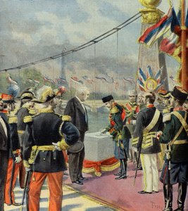 尼古拉 2 世在费利克斯-福尔的见证下为亚历山大 3 号桥奠基，巴黎，1896 年（雕刻） 作者 Oswaldo Tofani