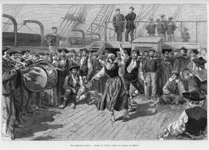 船上的移居者。托法尼为故事《拉普拉塔的旅行》绘制的版画，1886年埃米尔-布雷罗的三个月假期，在1887年的世界之旅中，由爱德华-沙尔东（1807-1890）指导，巴黎哈谢特出版社。 作者 Oswaldo Tofani