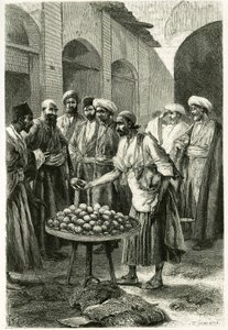 Kachan（或Kashan，德黑兰省，今伊朗）的渔商。 托法尼从照片中雕刻，以说明 1881 年至 1882 年间的故事“波斯、迦勒底和苏珊娜”，作者 Jane Dieulafoy（nee Magre
