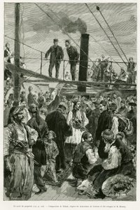 船上的甲板。托法尼为1882年保罗-蒙索的《塞萨利航行》故事绘制的版画，载于《世界之旅》1887年，由爱德华-沙顿（1807-1890）导演，巴黎哈谢特出版社。 作者 Oswaldo Tofani