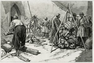 德拉福伊新娘探险队出发前的行李称重。托法尼的雕版画，为 "波斯、查尔迪和苏西阿尼 "的故事作插图 作者 奥斯瓦尔多·托法尼（Oswaldo Tofani）