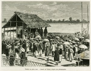 风中的剧场。 托法尼 (Tofani) 在一张照片后雕刻，以说明 Trente mois au Tonkin 的故事，由 Paul Hocquard 博士于 1890 年在巴黎阿歇特 (Hachette) 的 Edouard Charton (1807-1890) 指导下在 le tour du monde 中创作。 作者 奥斯瓦尔多·托法尼（Oswaldo Tofani）