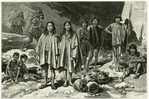 厄瓜多尔 Cordilleres 印第安人的类型，左侧，背景是 Nanegal 的 Yumbos，前景是 Lojanos，中间是几个 Zaparos，右侧是 Jivaros 战士。 Tofani 根据文件雕刻，以说明 stor 作者 奥斯瓦尔多·托法尼（Oswaldo Tofani）