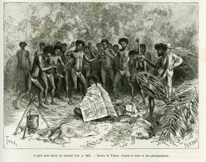 一份报纸可以用来做什么？托法尼的雕版画，为故事《Chez les cannibales, Voyage dans le nord-est de l
