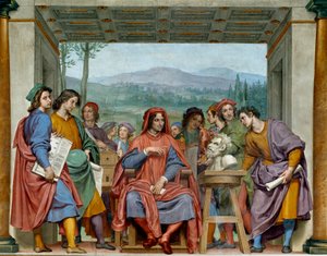 Laurent de Medici (1449-1492) (Laurent the Magnificent: Lorenzo il Magnifico) 坐在佛罗伦萨艺术家的中间 他很欣赏米开朗基罗 (Michelangelo, Michel Ange) 的一个动物群。 Ottavio Vannini (1585-1643) 的壁画。 约1635萨拉