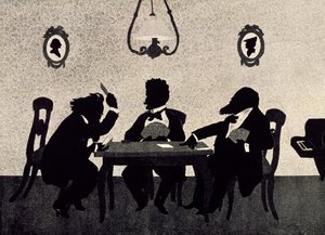 约翰内斯-勃拉姆斯（1833-1897 年）、理查德-施特劳斯（1864-1949 年）和汉斯-里希特（1843-1916 年）之间的纸牌游戏，奥托-博勒（1847-1913 年）的黑色剪影 作者 Otto Bohler