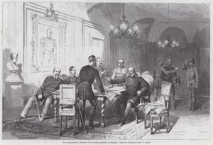 普鲁士军队指挥官在凡尔赛召开的战争会议，普法战争，1870年12月6日（雕刻）。 作者 奥托·约翰·海因里希·海登