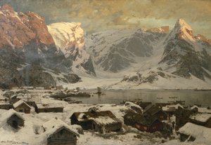 约 1886 年，从罗弗敦的 Reine 望去（布面油画） 作者 奥托·路德维希·辛丁