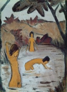 在池塘里的三个沐浴者。约于1912年