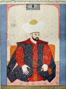 奥斯曼帝国："奥斯曼苏丹穆拉德一世（1326-1389）的肖像"，来自历史学家赛义德-罗克曼-阿舒里1538年的手稿（1973年女士，对开页62a）"Zubdatat-al-Tawarikh"（故事的奶油）的微型画。土耳其和伊斯兰艺术博物馆 作者 奥斯曼帝国学校