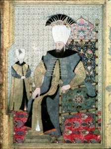 奥斯曼帝国：苏丹艾哈迈德（或艾哈迈德）三世肖像（1673-1736）”“代表指着他的手指可能是为了表示屠杀禁卫军的命令。 微型伊斯坦布尔，托普卡匹萨拉伊博物馆，土耳其 作者 奥斯曼帝国学校