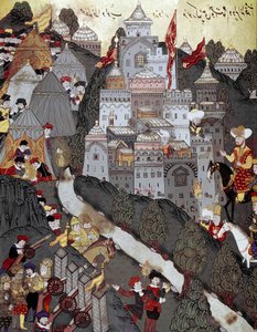 奥斯曼帝国：苏丹巴耶济德一世（Bajazet）（1360 年约 1402 年）在 1396 年 9 月 25 日的同名战役后胜利返回尼科波利斯市。 16 世纪的缩影。 伊斯坦布尔，托普卡匹萨拉伊博物馆图书馆 作者 奥斯曼帝国学校