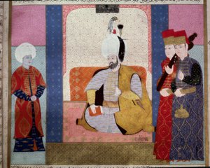 奥斯曼帝国：“”苏丹穆拉德三世（1546-1595）围绕着朝臣”“来自“Zubdat al Tawarikh”的缩影”（Ms. 1973，fol. 59b） by Seyyd Lokman Ashuri 1583 伊斯坦布尔，土耳其伊斯兰艺术博物馆 作者 奥斯曼帝国学校