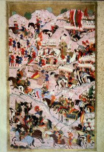 奥斯曼帝国：“”苏丹苏利曼（苏莱曼）我在 1526 年 8 月 29 日的莫哈奇战役中对阵由国王路易二世指挥的匈牙利王国军队时说的壮观”””洛克曼的“Hunername”缩影， 卷 1 (H 1523, f.256b) 1584 托普卡匹 S 作者 奥斯曼帝国学校