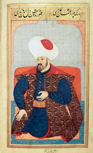奥斯曼帝国：第一个苏丹奥斯曼一世 (1258-1326) 的肖像，来自 Seyyid Lokman Hussein 手稿“人类相貌（关于奥斯曼人的个人安排）”的缩影。 （ty6087 对开 21b 女士）