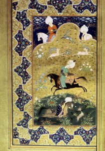 奥斯曼帝国：苏丹塞利姆一世（1470-1520年）在马背上与一个卫兵打猎时的形象。来自苏丹塞利姆一世所写的 "Divan"（诗集）的微型画（FY1330号文件，第58a页），16世纪。