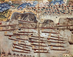 奥斯曼帝国：巴贝罗萨（Khizir Khayr ad-din (Barbaros Hozor Hayreddin Pasha or Pasa or Chair ad Din, Chaireddin or Cheireddin) (1466-1546), 私掠者的舰队代表，面向尼斯市。取自阿里菲的《Suleymanname》的微型画 作者 奥斯曼帝国学校