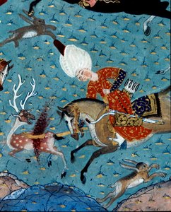苏丹穆拉德二世（穆拉特）（1404-1451）的朝臣们狩猎鹿和野兔的代表图。 17 世纪的缩影。 伊斯坦布尔，托普卡匹萨拉伊博物馆图书馆 作者 奥斯曼帝国学校