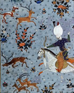 苏丹穆拉德二世 (Murat) (1404-1451) 的朝臣代表狩猎鹿 细节。 17 世纪的缩影。 伊斯坦布尔，托普卡匹萨拉伊博物馆图书馆 作者 奥斯曼帝国学校