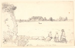一位女士和两个孩子在 Guldborg Sund。尼科宾-法尔斯特 作者 PC Skovgaard