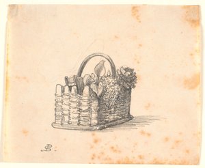 一个柳条筐，里面装着植物和一本书。 作者 PC Skovgaard