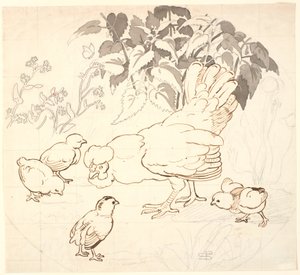 母鸡带着小鸡的圆形构图。 作者 PC Skovgaard