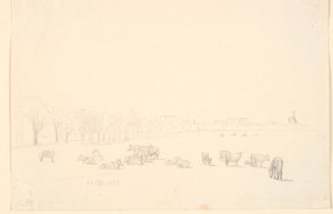 牛群在草地上，背景是 Tagens Mølle 作者 PC Skovgaard