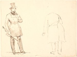 撑伞的男士站立，从后面看右侧是鞠躬的男士 作者 PC Skovgaard