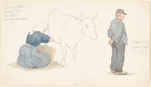 学生杂志，女孩正在挤奶，右侧站着农民。 作者 PC Skovgaard
