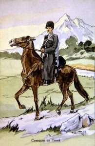 描绘特列克哥萨克的明信片，约1914年（彩色平印）。 作者 P.（后）德米特洛夫