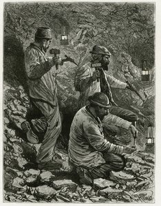 矿工在矿脉中提取煤炭。费拉特的雕刻，为卡米尔-莱蒙尼尔（1844-1913）的故事《比利时》作插图，比利时作家。发表于Le Tour du monde, nouveau journal des voyages, 2nd semester 1884, edited by Edouard Charton (1807-) 作者 费拉特