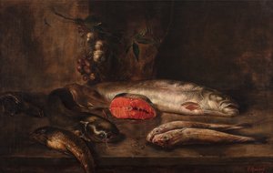 桌面上有鲤鱼、鲶鱼、鲑鱼、红鳅、鳗鱼和鳎鱼的静物画，桌上挂着大蒜和青葱，死鱼，c.1775-1800（布面油画） 作者 罗姆尼
