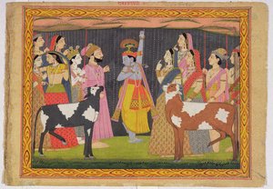 Krishna从1749年喜马偕尔邦Kulu的Bhagavata Purana上升起Govardhana山